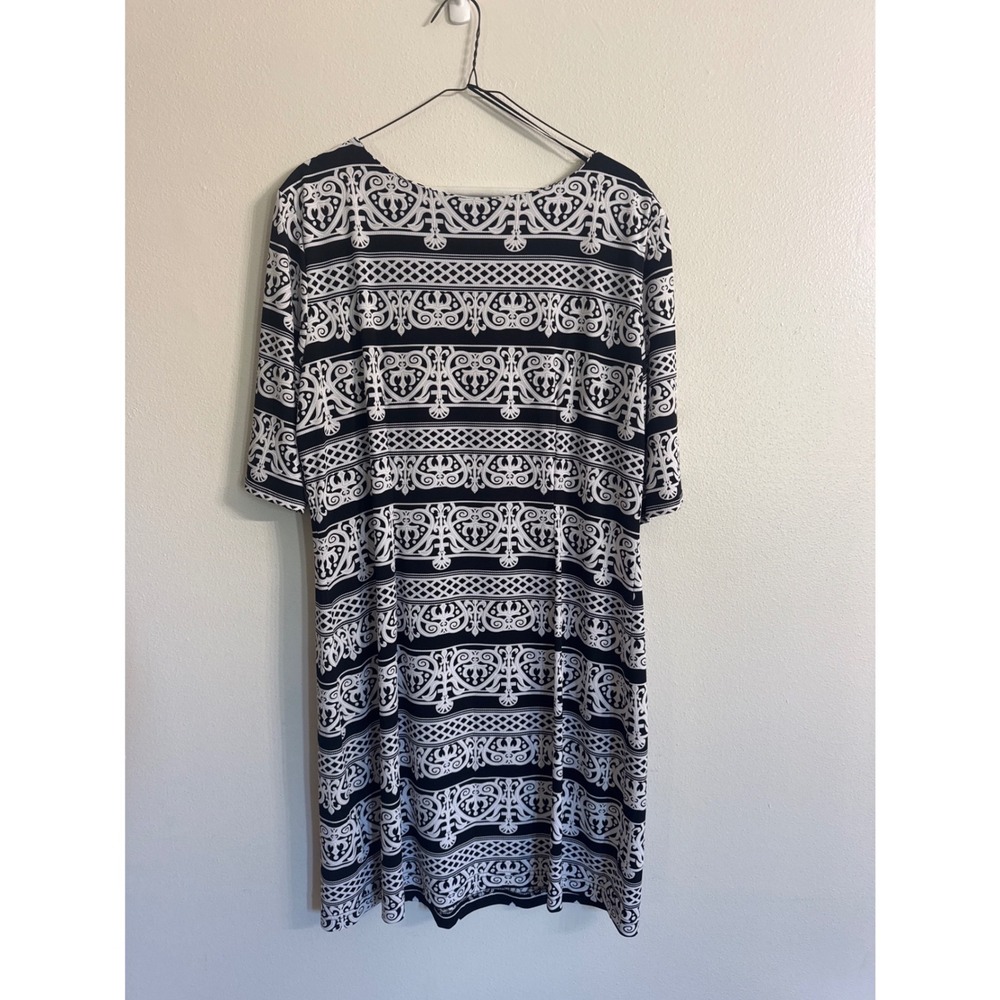 R&K Womens Black White Damask Print Shift Dress XL‎ Short Sleeve Scoop Neck